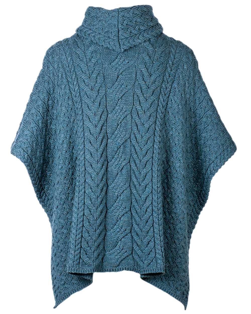 Teal Coloured Aran Merino Wool Cowl Neck Poncho on white background 