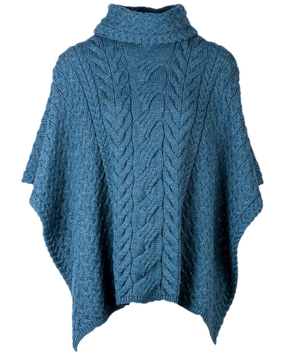 Teal Coloured Aran Merino Wool Cowl Neck Poncho on white background 