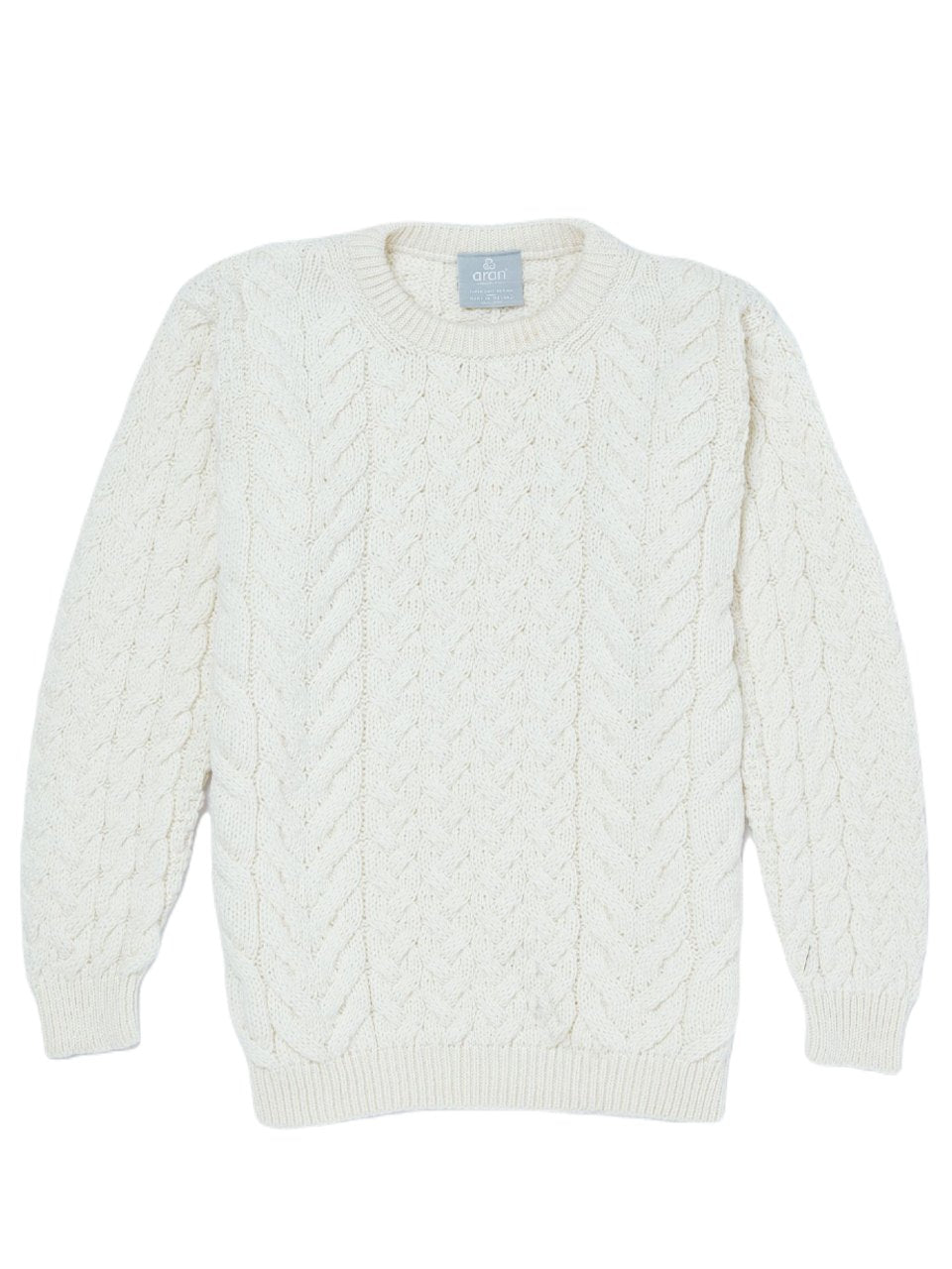 Cream Coloured Aran Merino Wool Crew Neck Jumper on white background 