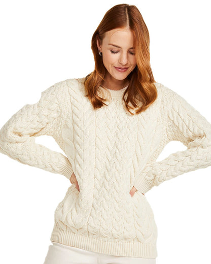 Cream Coloured Aran Merino Wool Crew Neck Jumper on white background 