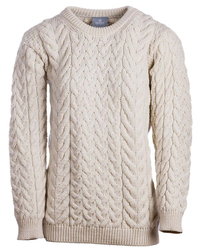 Cream Coloured Aran Merino Wool Crew Neck Jumper on white background 