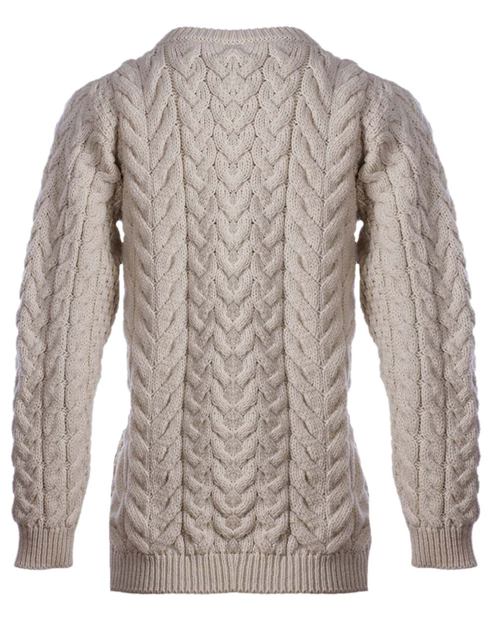 Cream Coloured Aran Merino Wool Crew Neck Jumper on white background 