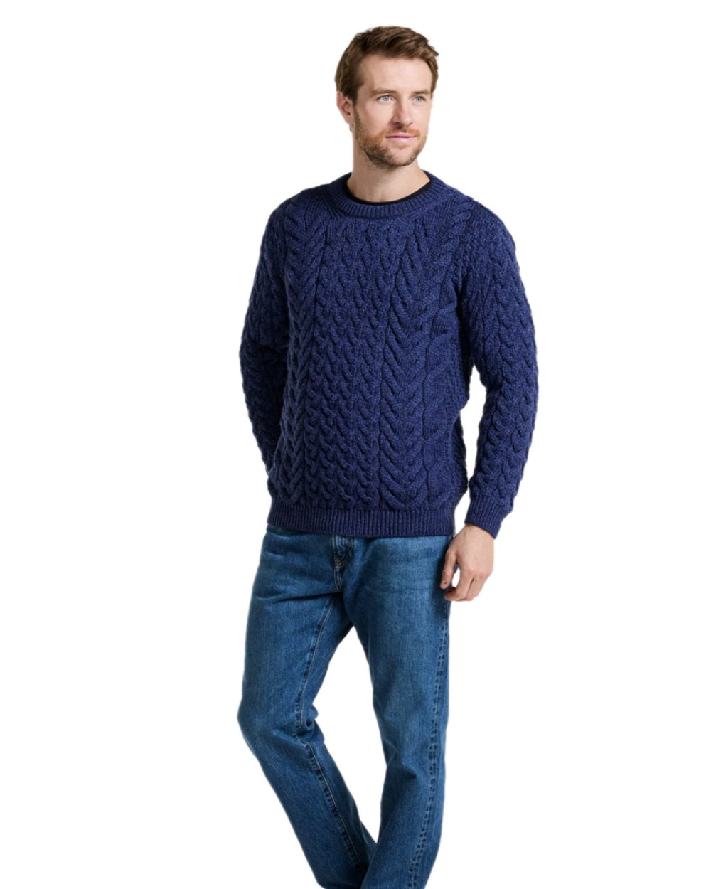 Deep Blue Coloured Aran Merino Wool Crew Neck Jumper on white background 