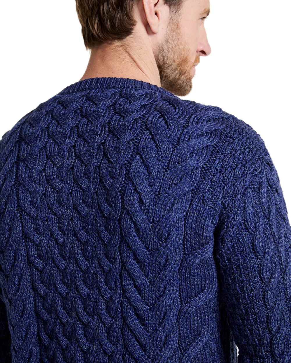 Deep Blue Coloured Aran Merino Wool Crew Neck Jumper on white background 