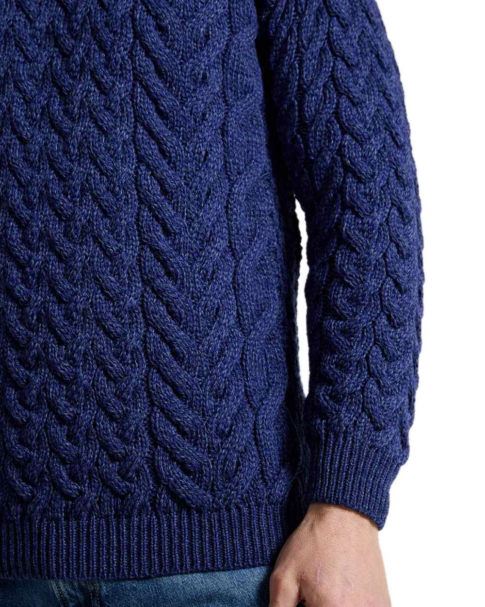 Deep Blue Coloured Aran Merino Wool Crew Neck Jumper on white background 