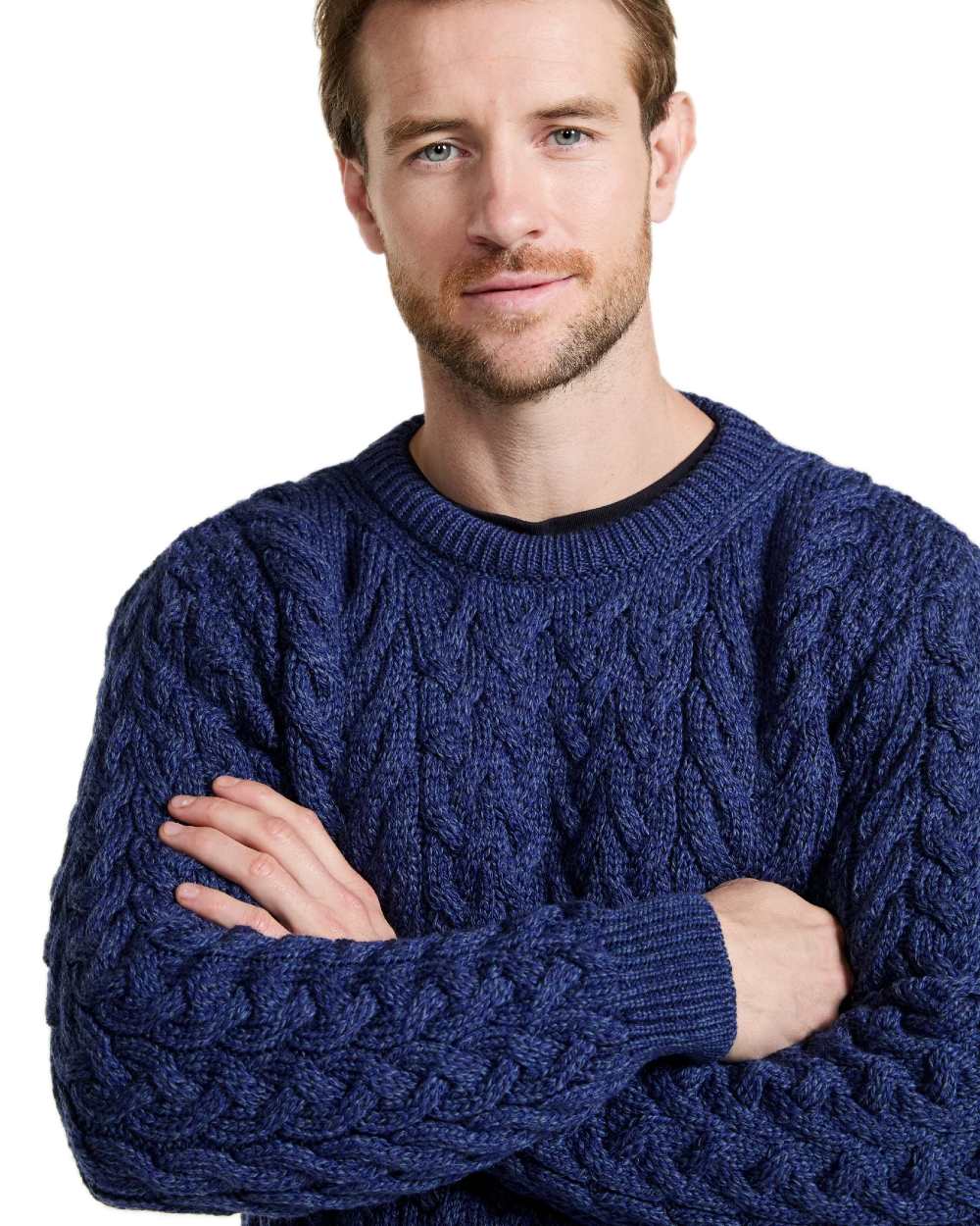 Deep Blue Coloured Aran Merino Wool Crew Neck Jumper on white background 