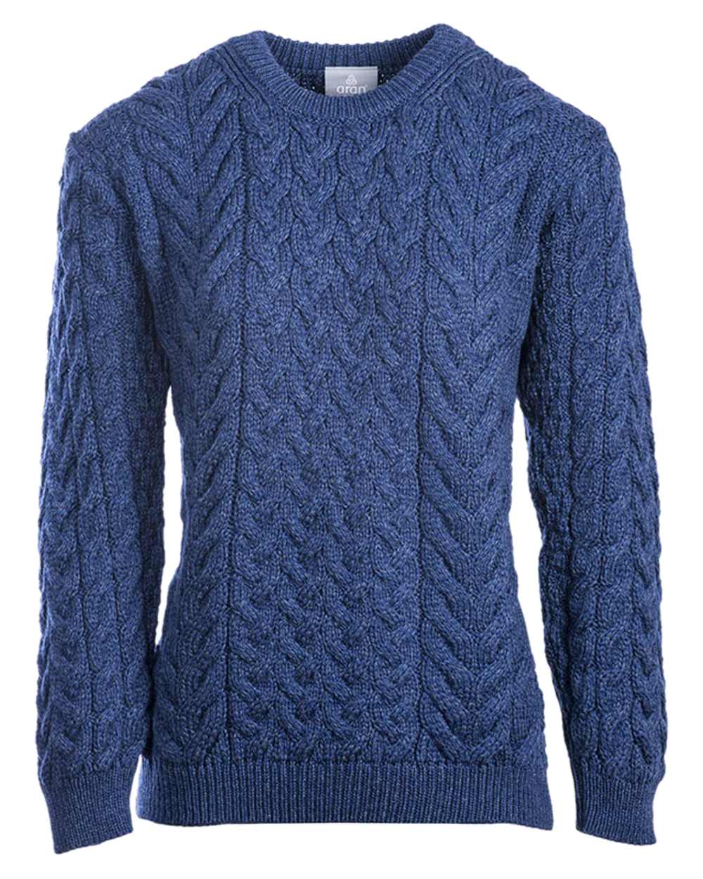 Deep Blue Coloured Aran Merino Wool Crew Neck Jumper on white background 