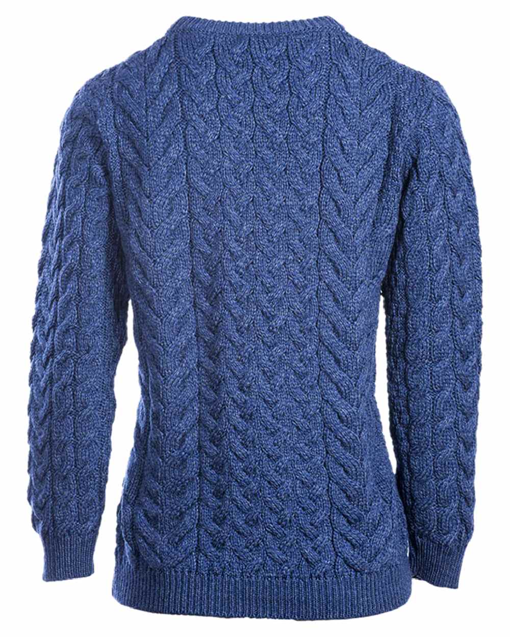 Deep Blue Coloured Aran Merino Wool Crew Neck Jumper on white background 