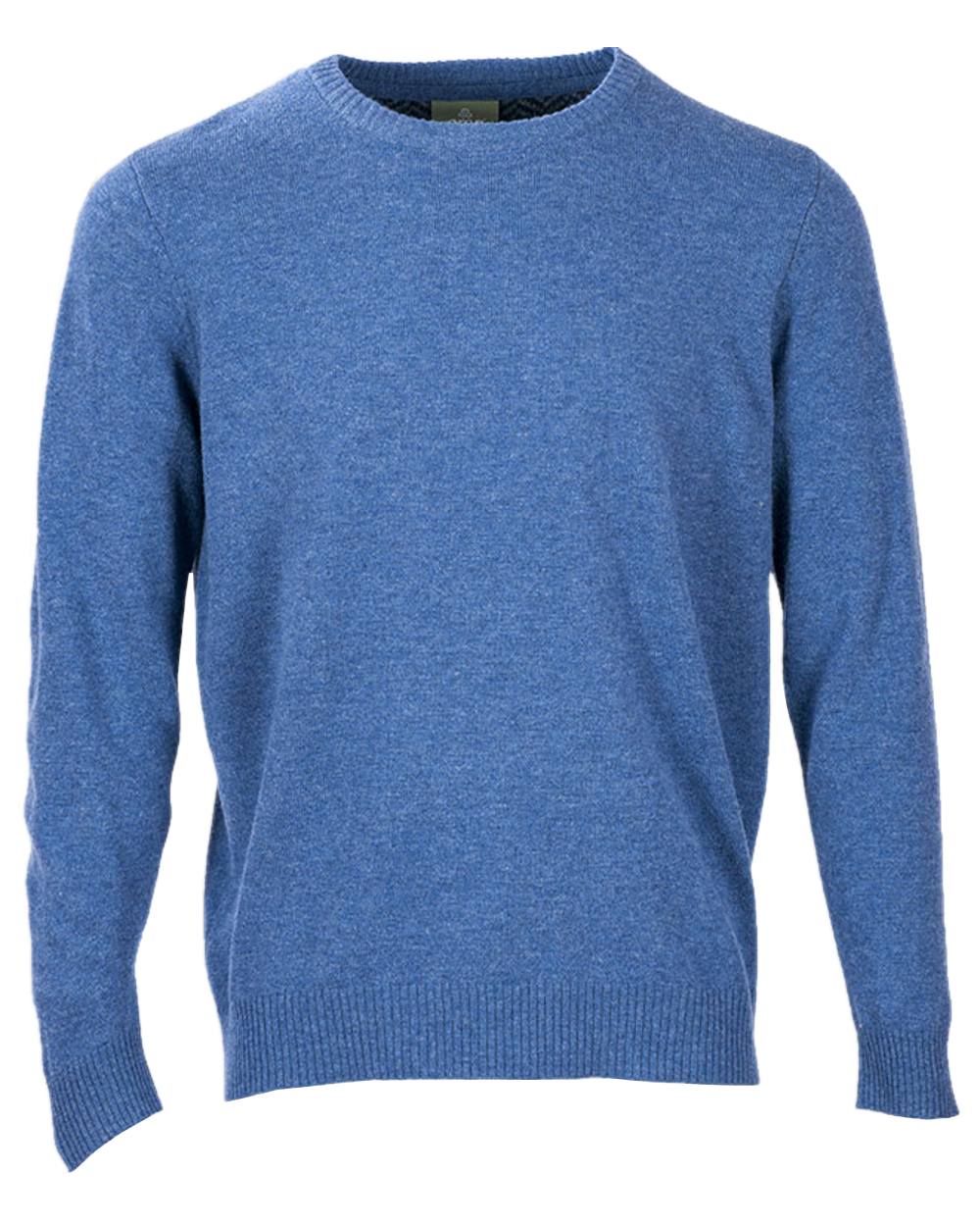 Blue Coloured Aran Merino Wool Crew Neck Sweater on white background 