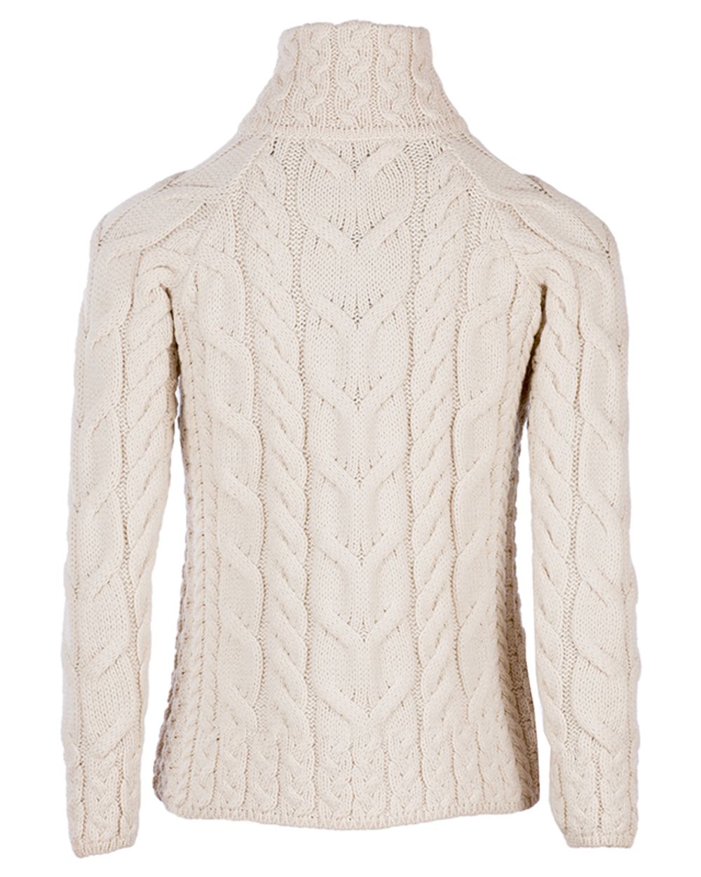 Cream Coloured Aran Merino Wool Full Zip Cardigan on white background 