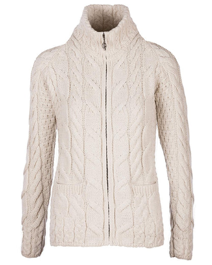 Cream Coloured Aran Merino Wool Full Zip Cardigan on white background 