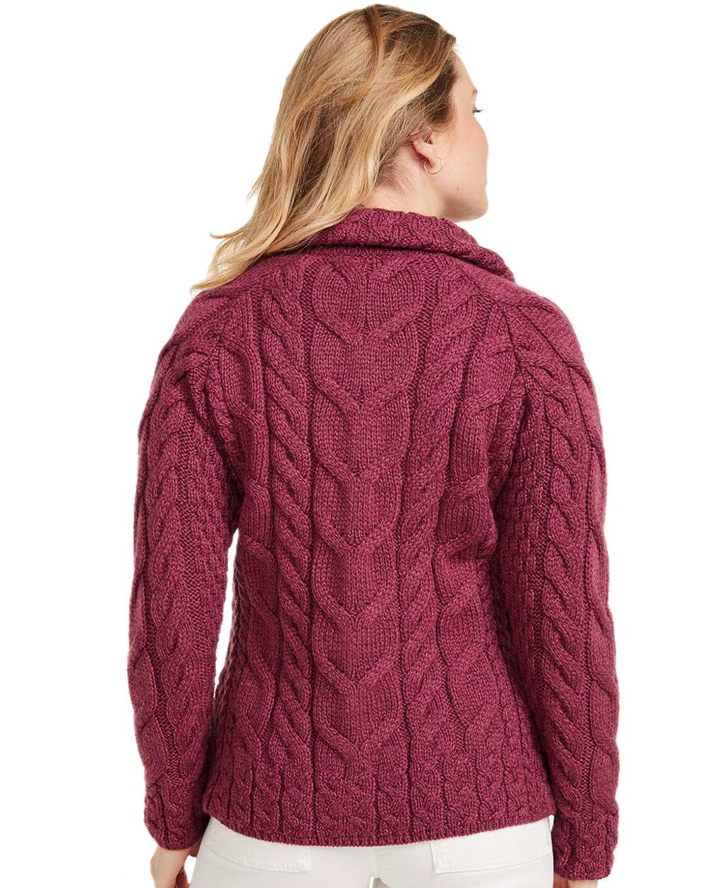 Jam Coloured Aran Merino Wool Full Zip Cardigan on white background 