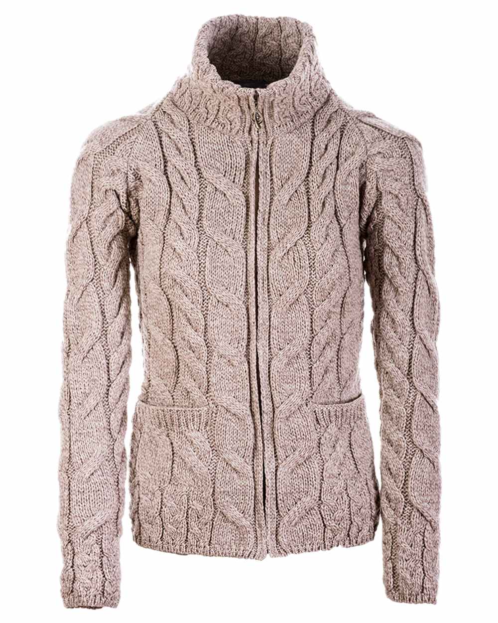 Toasted Oat Coloured Aran Merino Wool Full Zip Cardigan on white background 