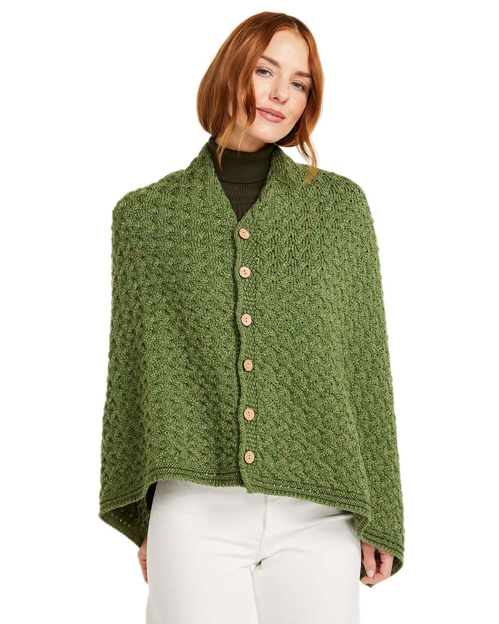 Sage Green Coloured Aran Merino Wool Knit Button Poncho on white background 