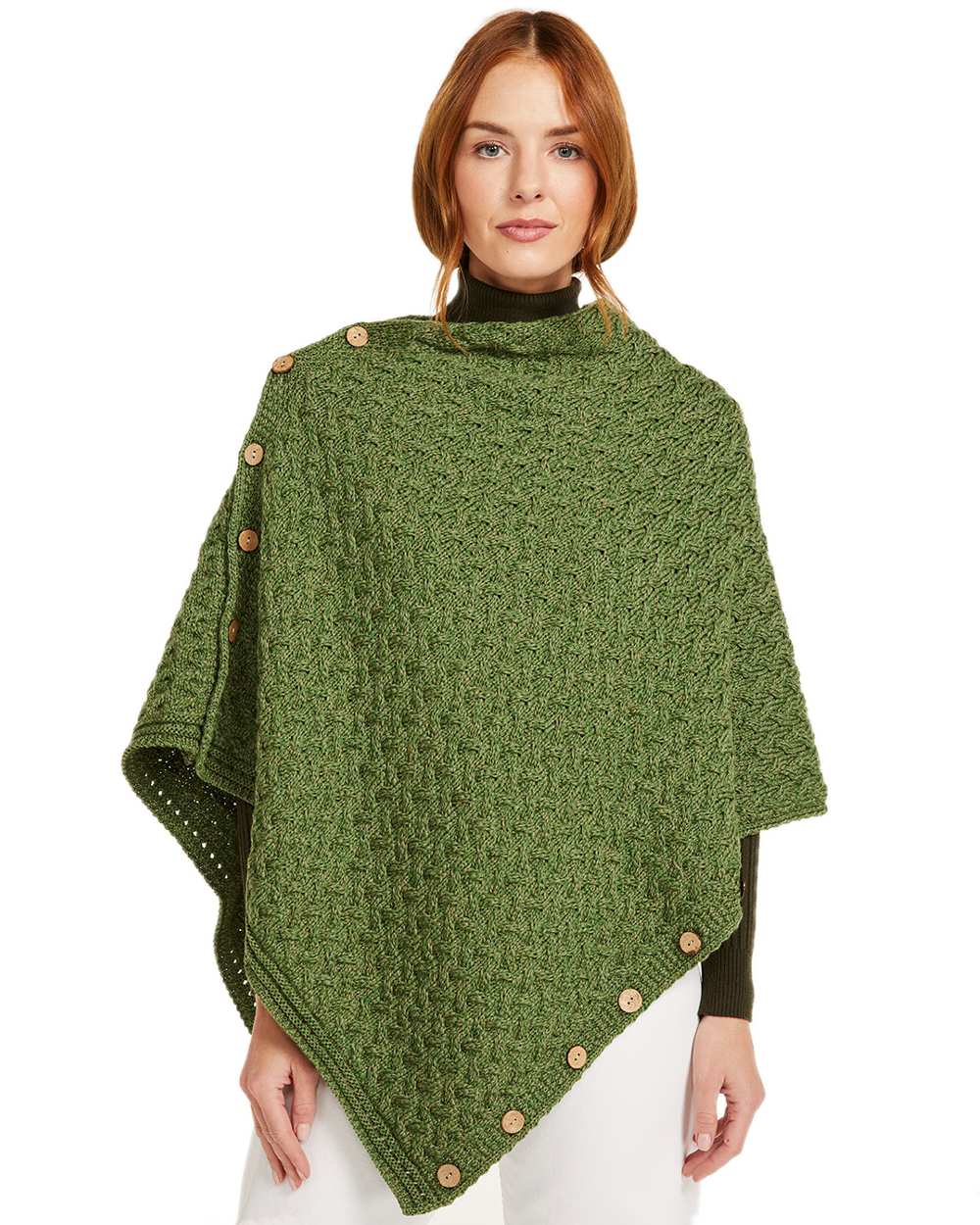 Sage Green Coloured Aran Merino Wool Knit Button Poncho on white background 