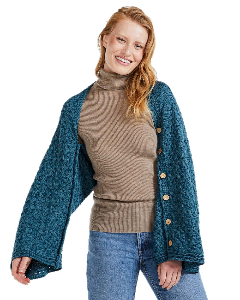 Teal Coloured Aran Merino Wool Knit Button Poncho on white background 