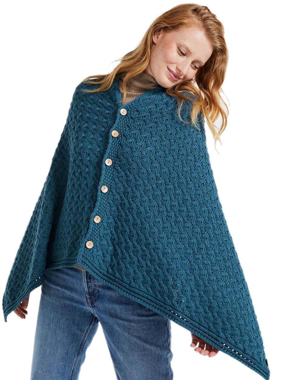 Teal Coloured Aran Merino Wool Knit Button Poncho on white background 