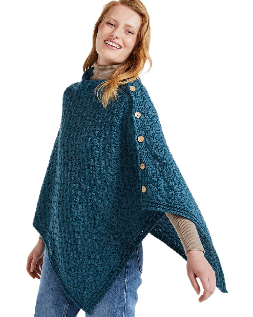 Teal Coloured Aran Merino Wool Knit Button Poncho on white background 