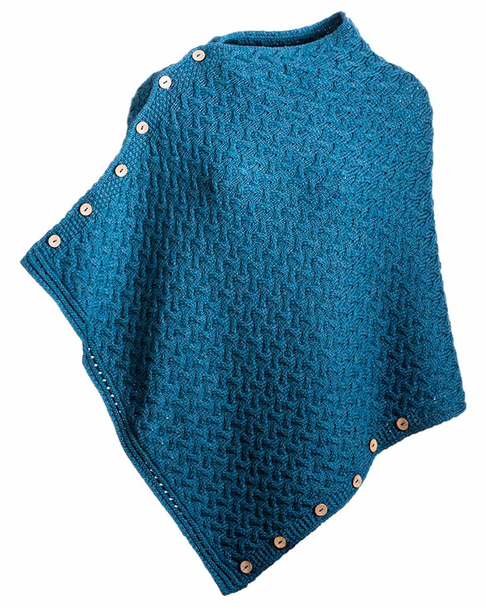 Teal Coloured Aran Merino Wool Knit Button Poncho on white background 