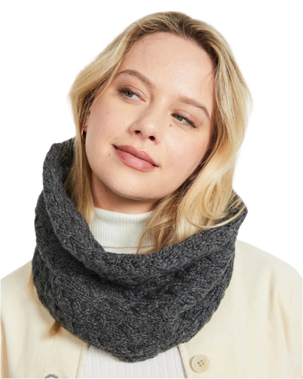 Charcoal coloured Aran Merino Wool Snood on white background 