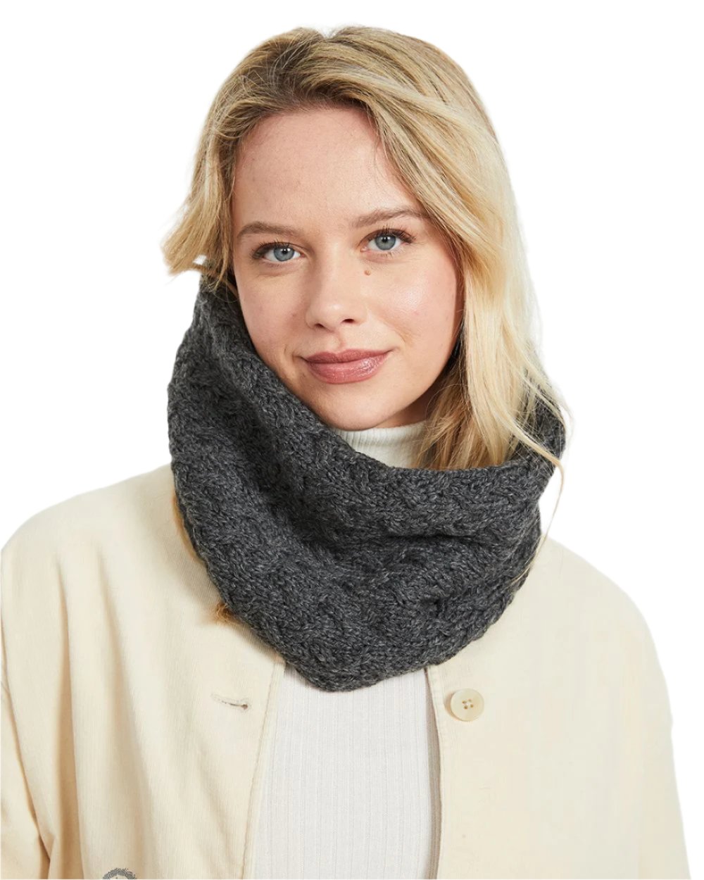 Charcoal coloured Aran Merino Wool Snood on white background 