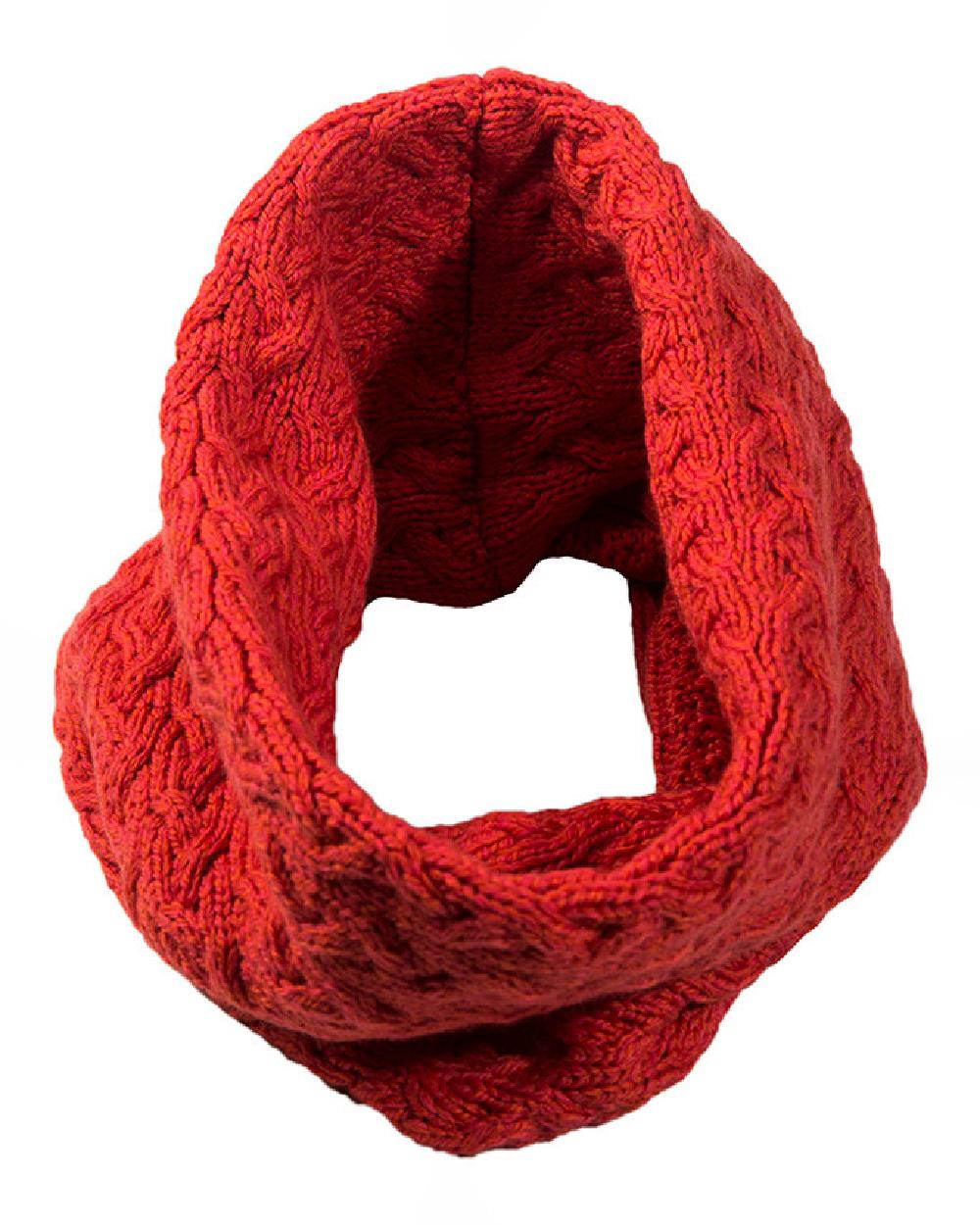 Coral coloured Aran Merino Wool Snood on white background 