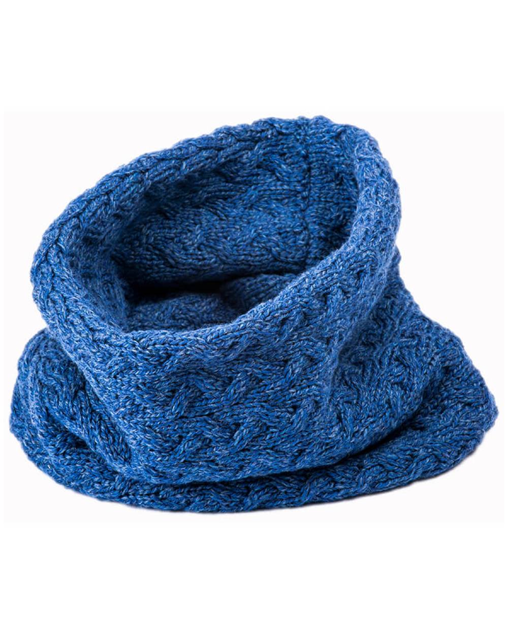 Deep Blue coloured Aran Merino Wool Snood on white background 