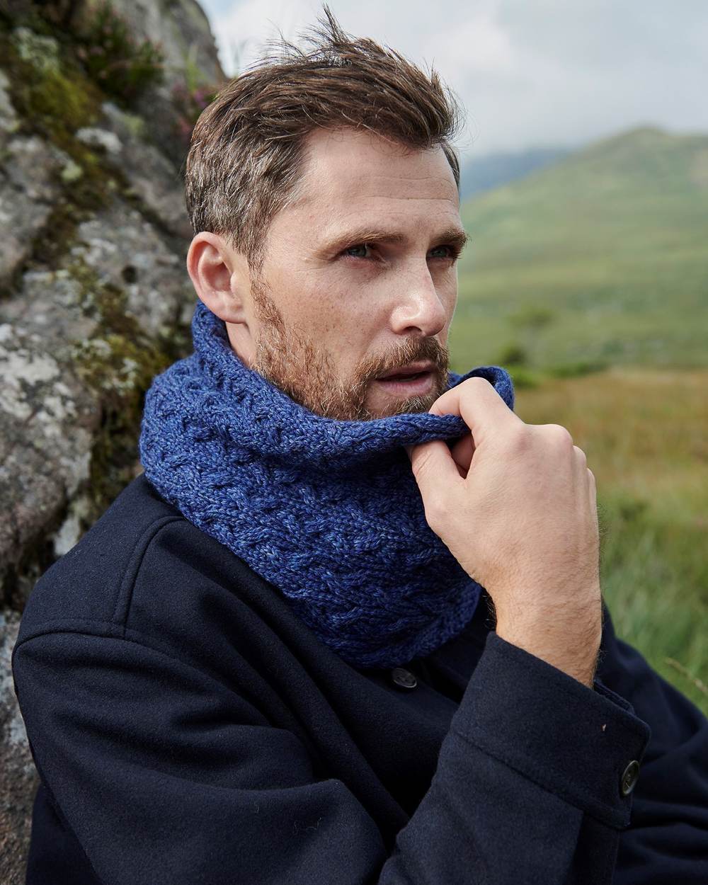 Deep Blue coloured Aran Merino Wool Snood on white background 