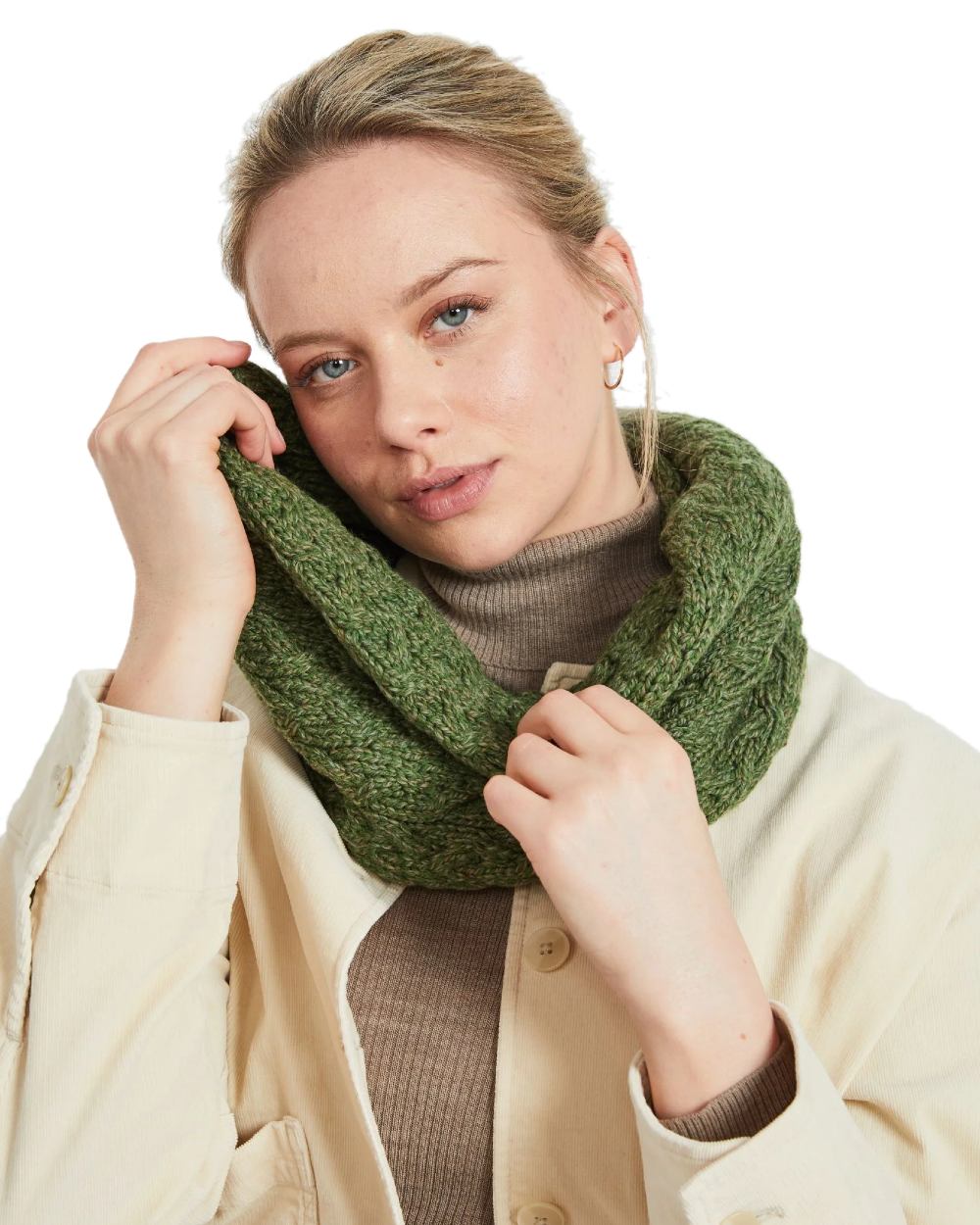 Green coloured Aran Merino Wool Snood on white background 