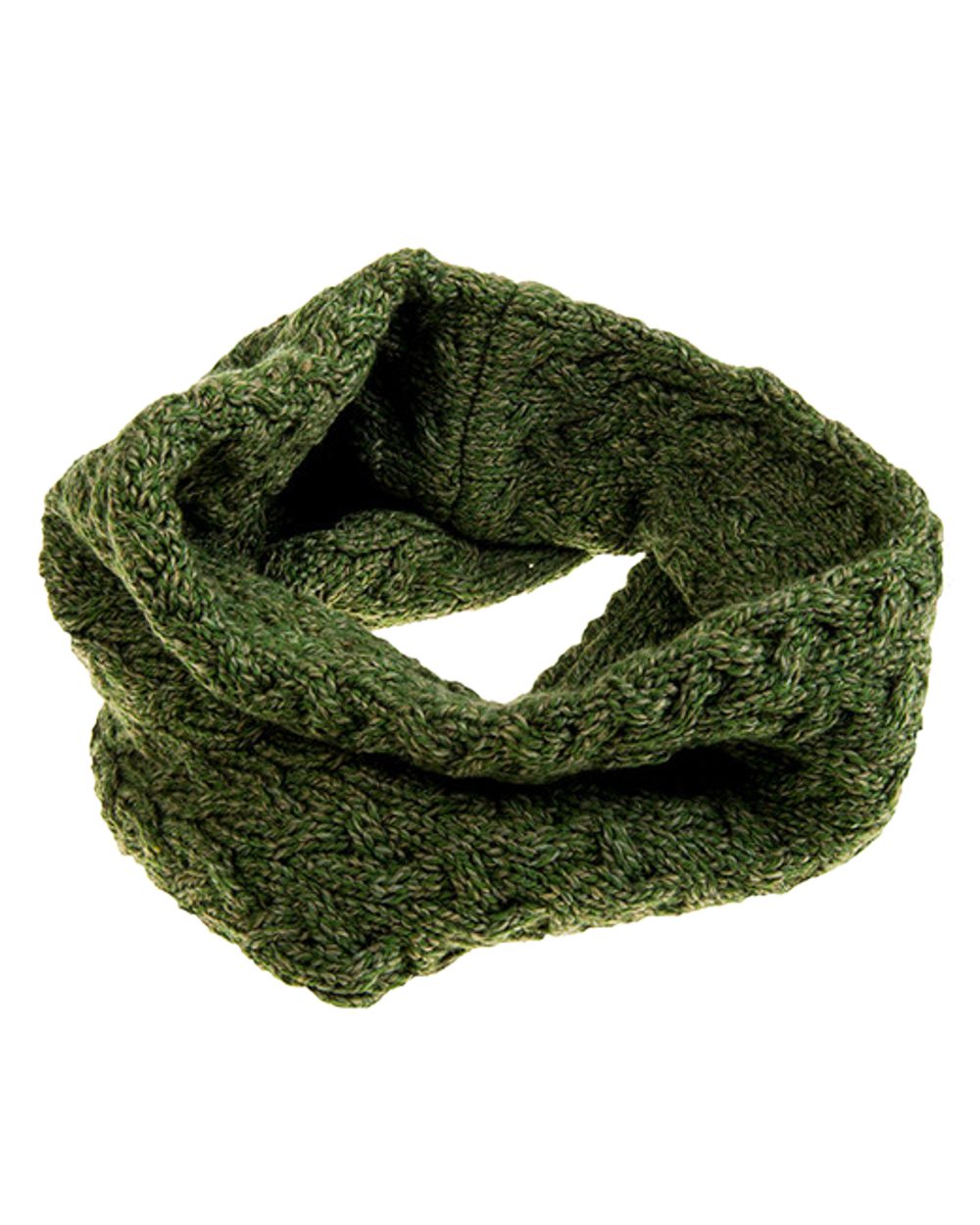 Green coloured Aran Merino Wool Snood on white background 