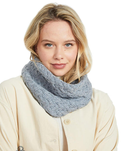 Grey coloured Aran Merino Wool Snood on white background 