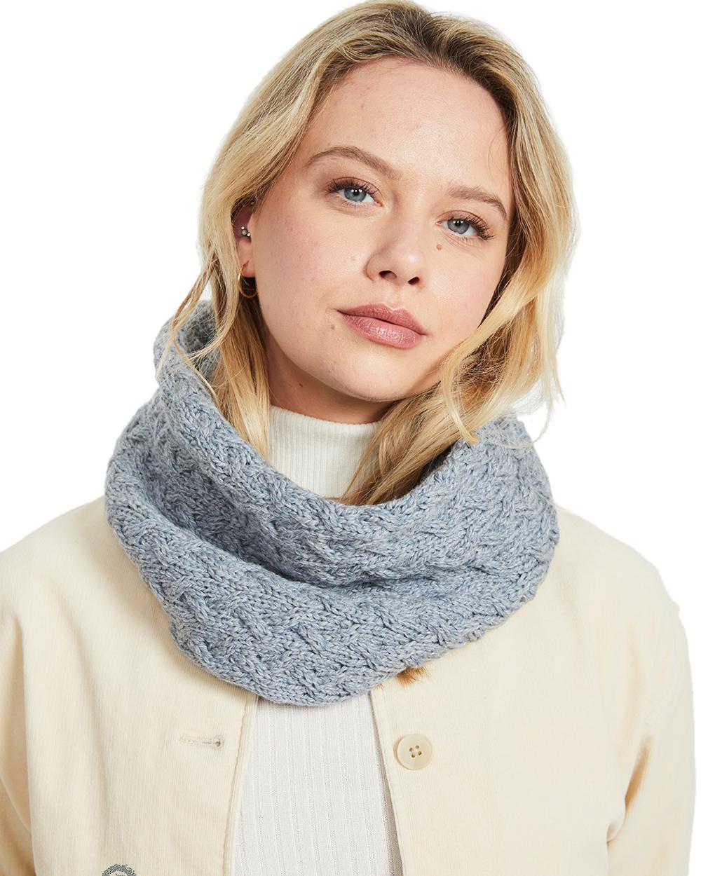 Grey coloured Aran Merino Wool Snood on white background 