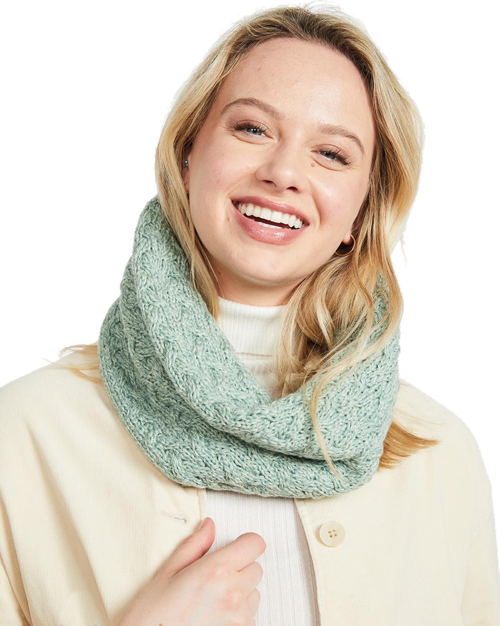 Mint Green coloured Aran Merino Wool Snood on white background 