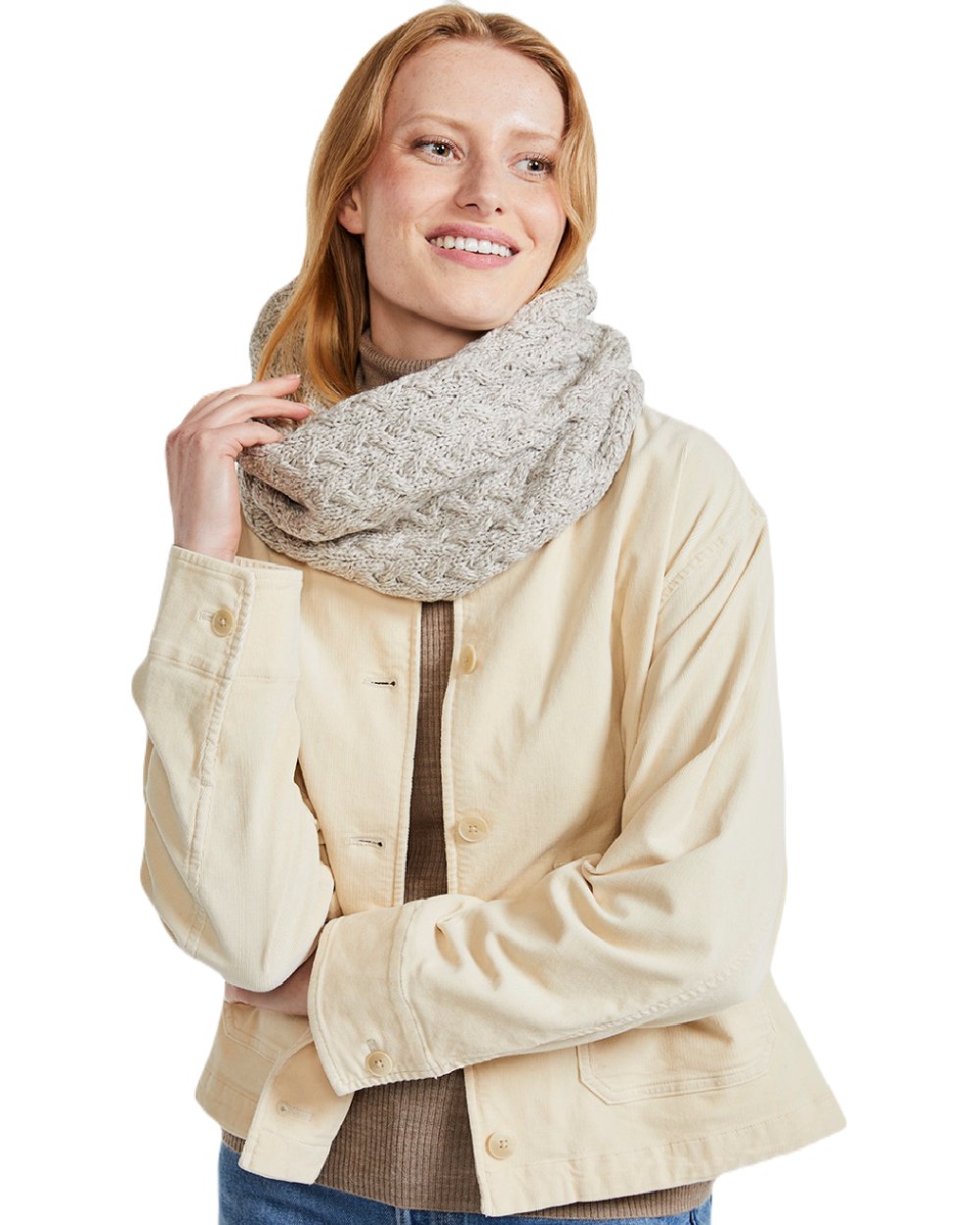 Oat coloured Aran Merino Wool Snood on white background 