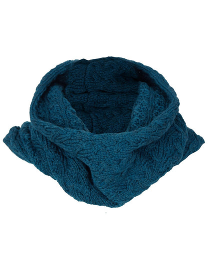 Teal coloured Aran Merino Wool Snood on white background 