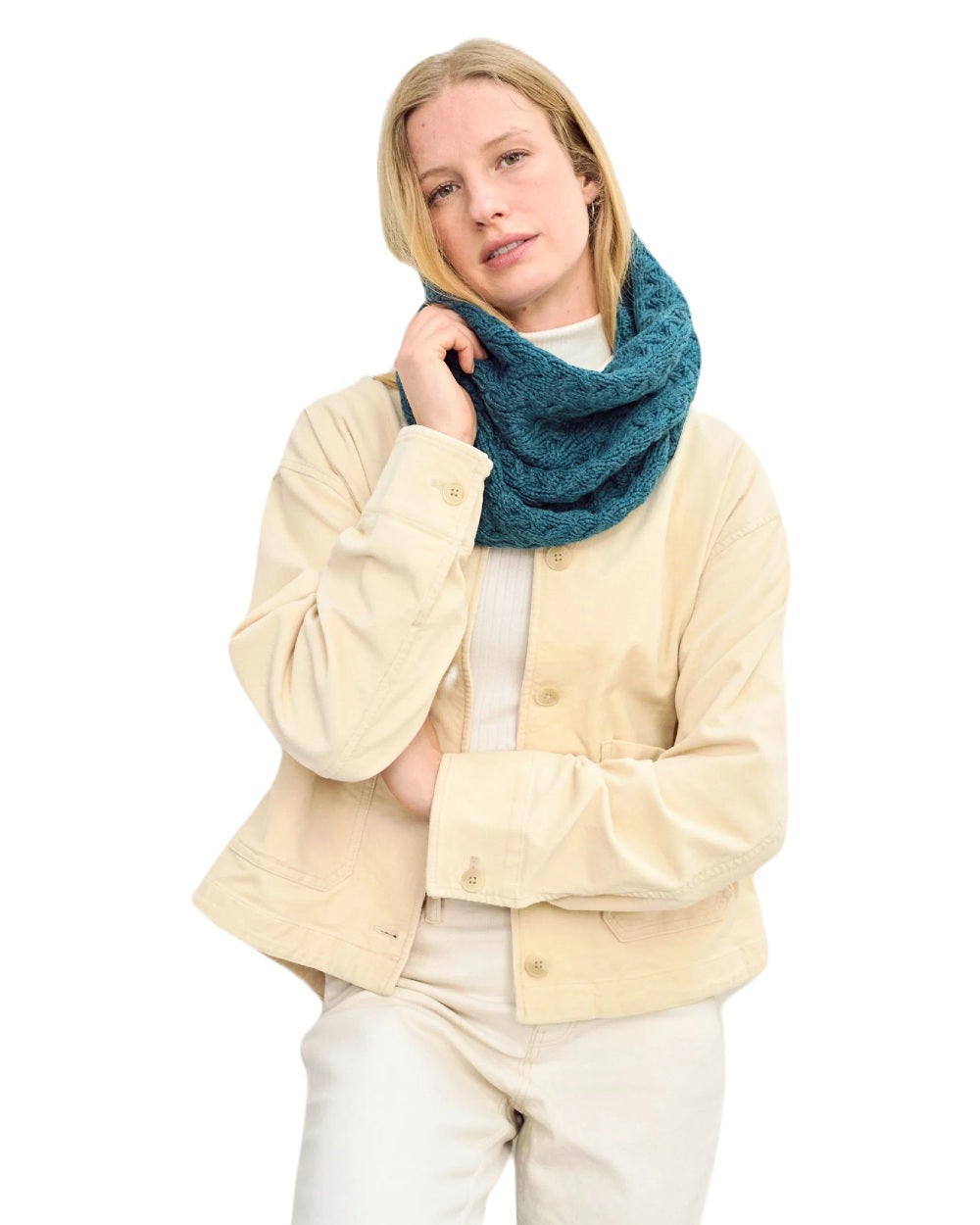 Teal coloured Aran Merino Wool Snood on white background 