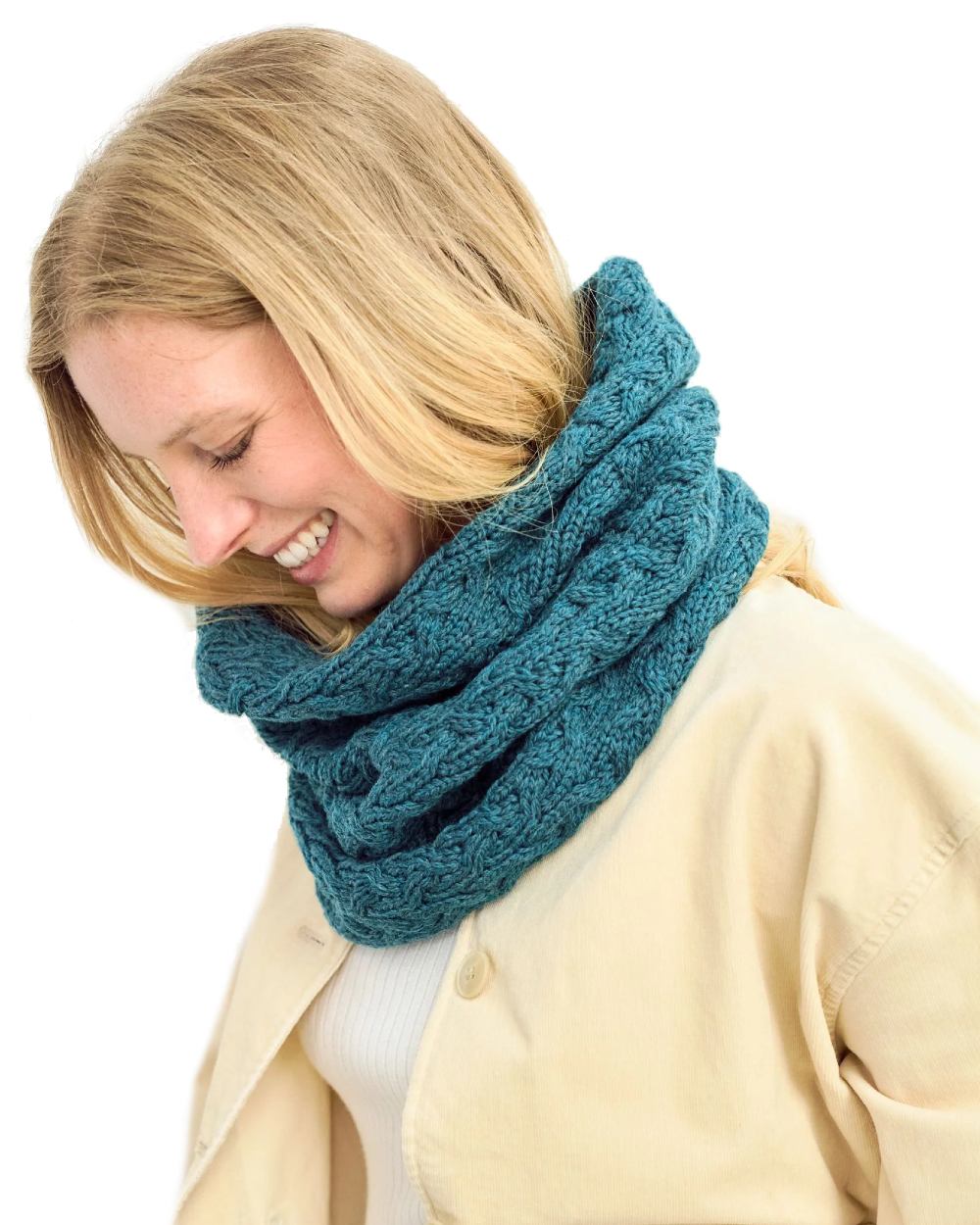 Teal coloured Aran Merino Wool Snood on white background 