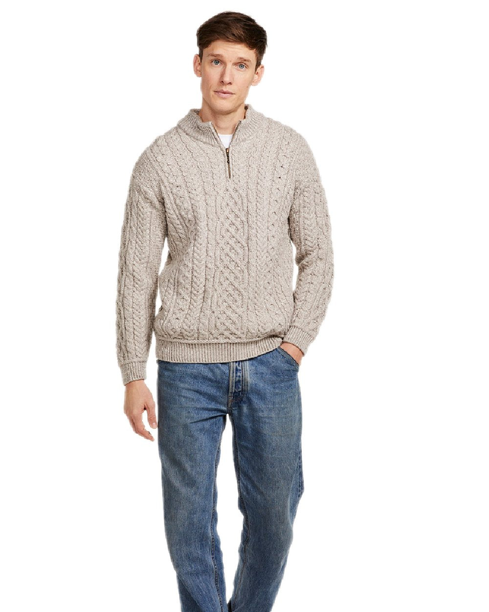 Oat Coloured Aran Supersoft Merino 1/2 Zip Jumper on white background 