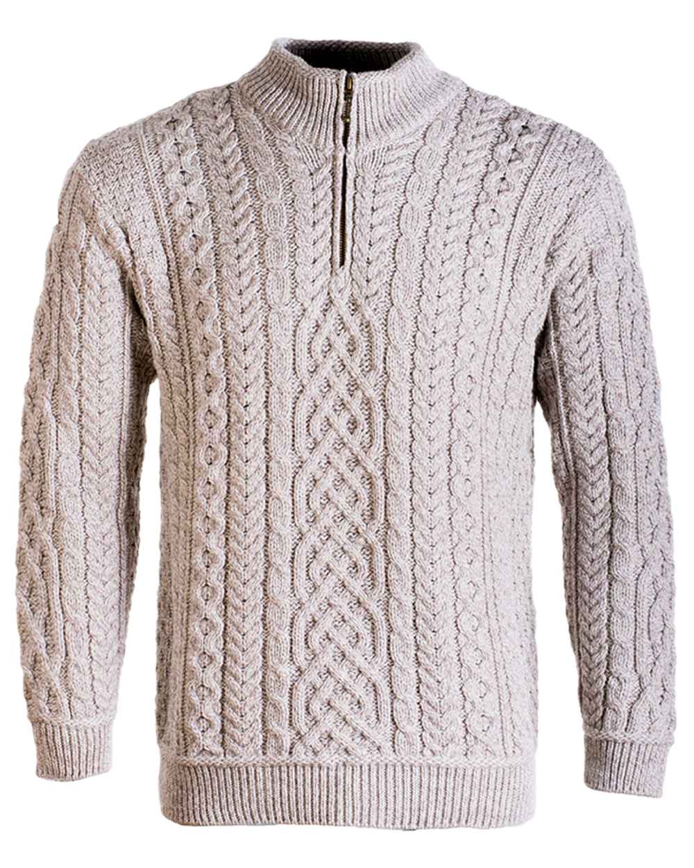 Oat Coloured Aran Supersoft Merino 1/2 Zip Jumper on white background 