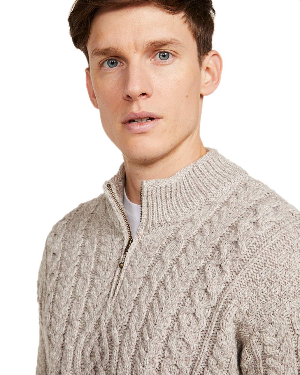 Oat Coloured Aran Supersoft Merino 1/2 Zip Jumper on white background 