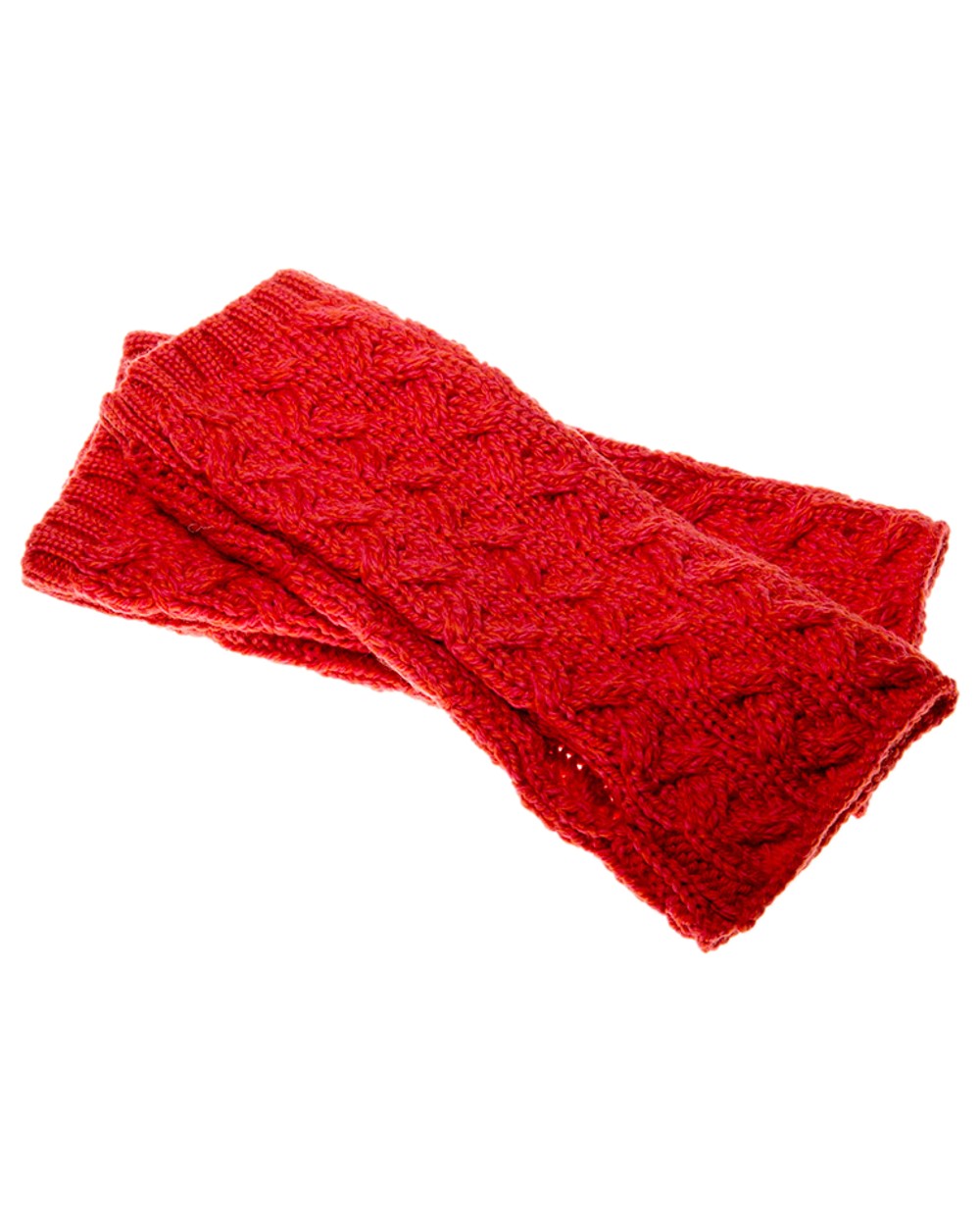 Coral Coloured Aran Supersoft Merino Fingerless Gloves on white background 