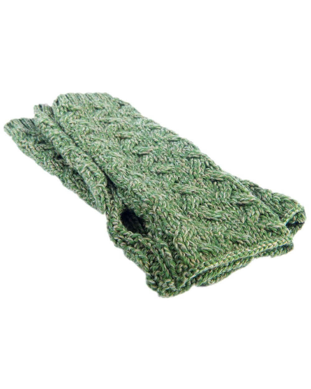 Meadow Green Coloured Aran Supersoft Merino Fingerless Gloves on white background 