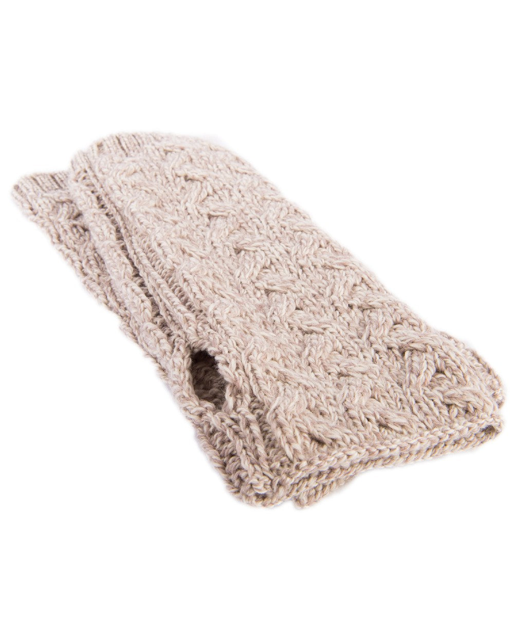 Oat Coloured Aran Supersoft Merino Fingerless Gloves on white background 