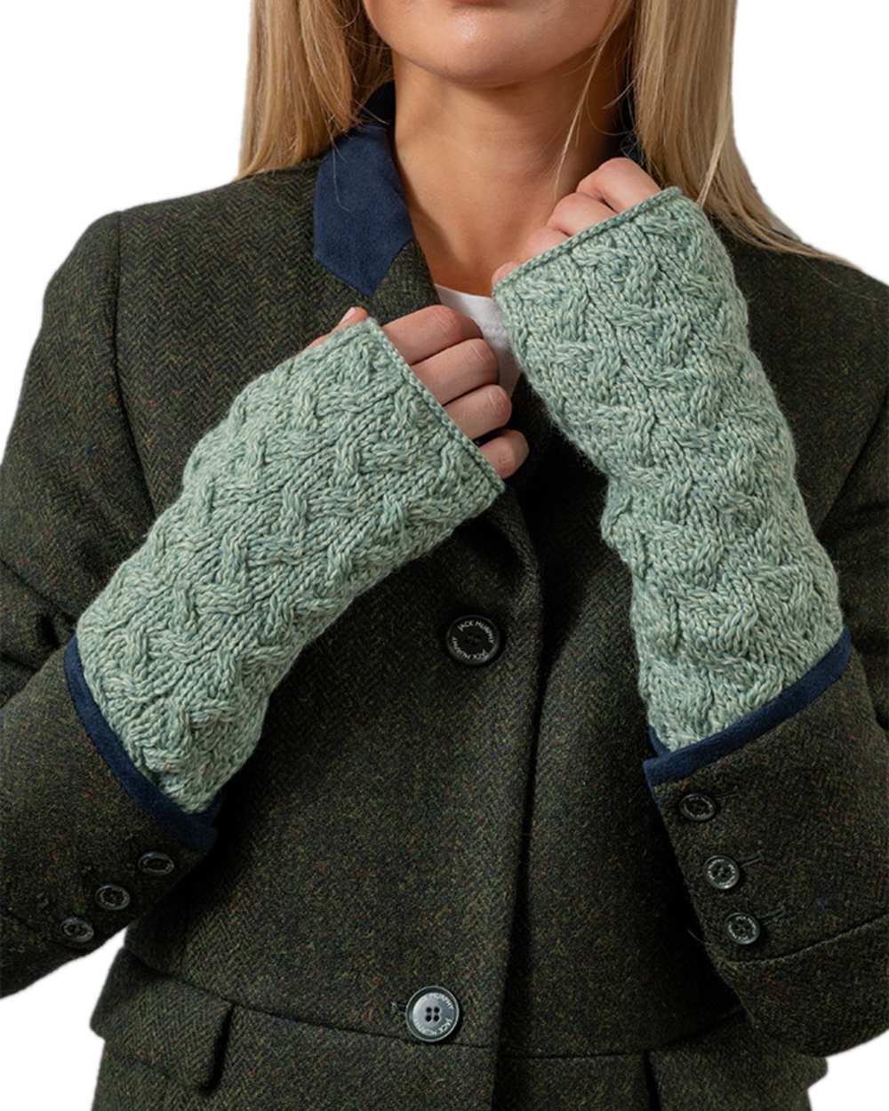 Sea Green Coloured Aran Supersoft Merino Fingerless Gloves on white background 