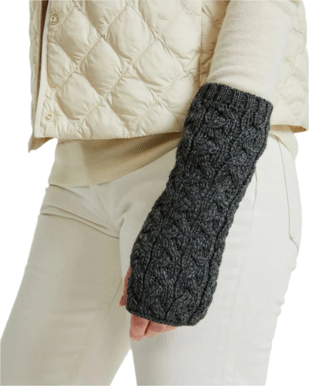 Slate Grey Coloured Aran Supersoft Merino Fingerless Gloves on white background 