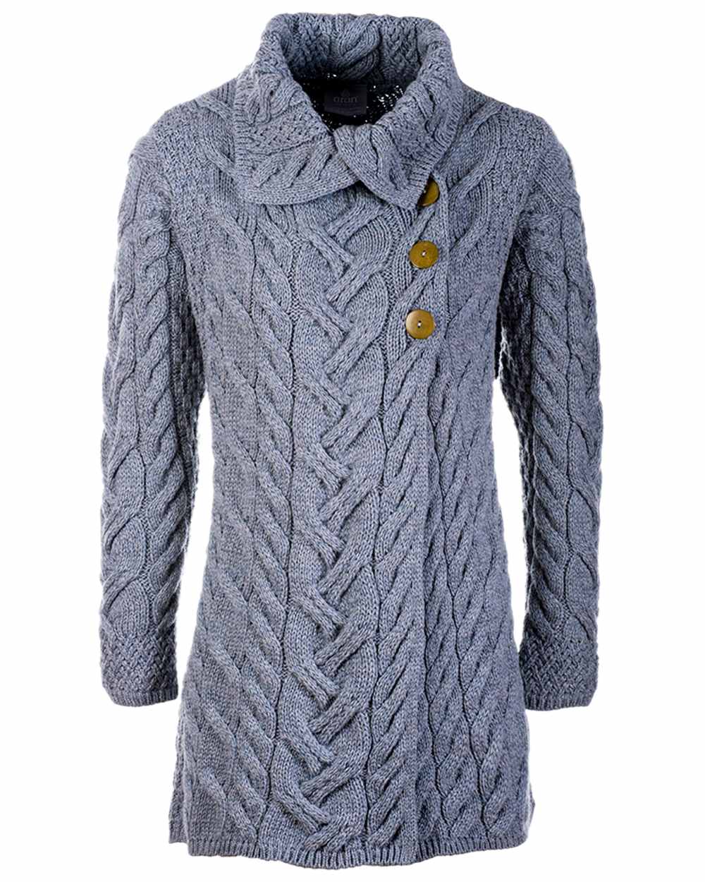 Ocean Grey Coloured Aran Supersoft Merino Wool Long Cardigan on white background 