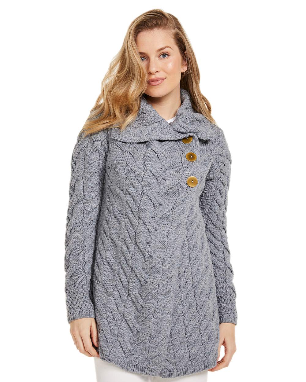 Ocean Grey Coloured Aran Supersoft Merino Wool Long Cardigan on white background 