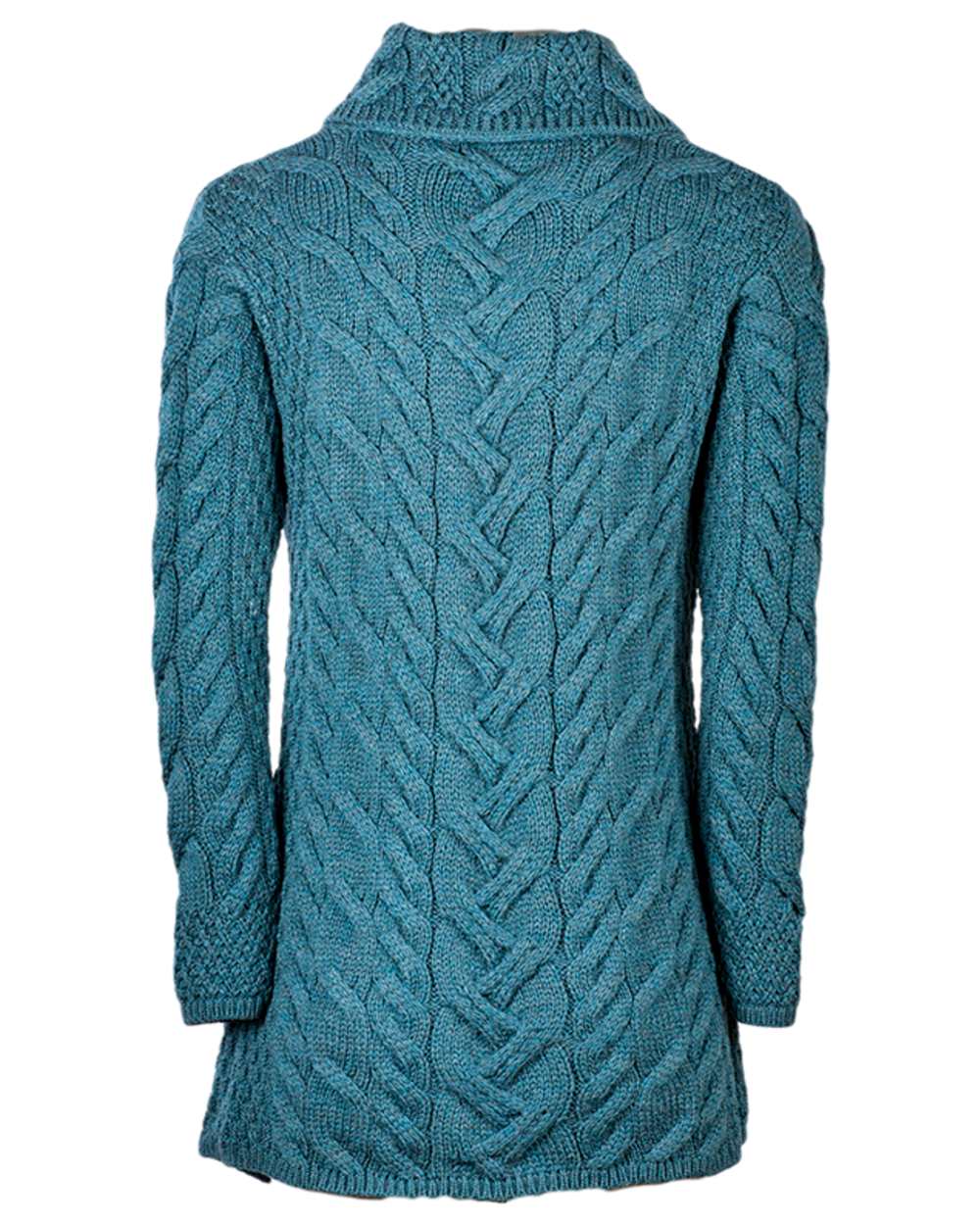 Teal Coloured Aran Supersoft Merino Wool Long Cardigan on white background 