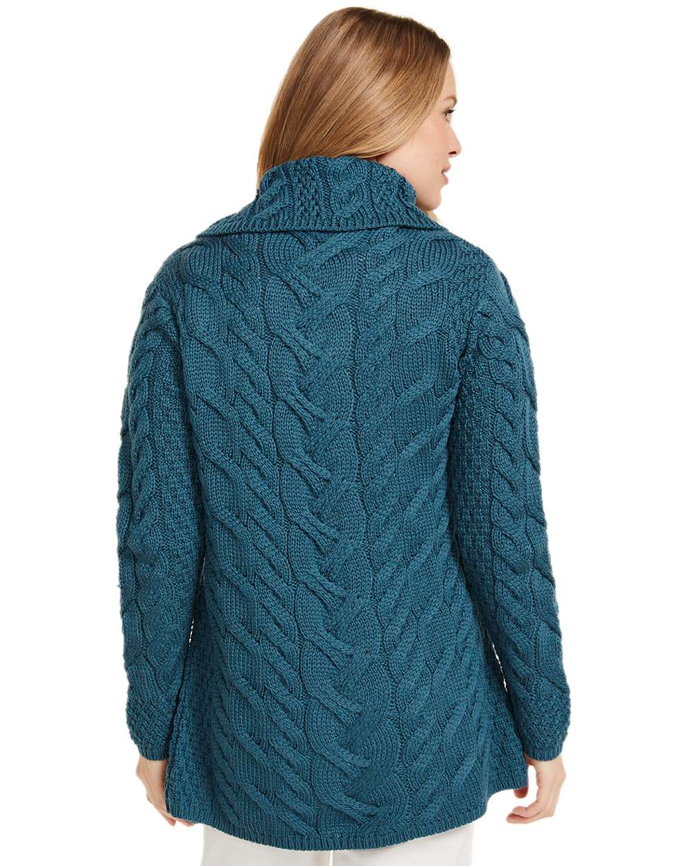 Teal Coloured Aran Supersoft Merino Wool Long Cardigan on white background 