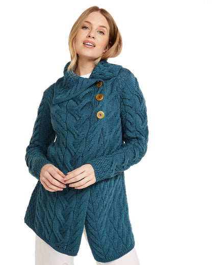 Teal Coloured Aran Supersoft Merino Wool Long Cardigan on white background 